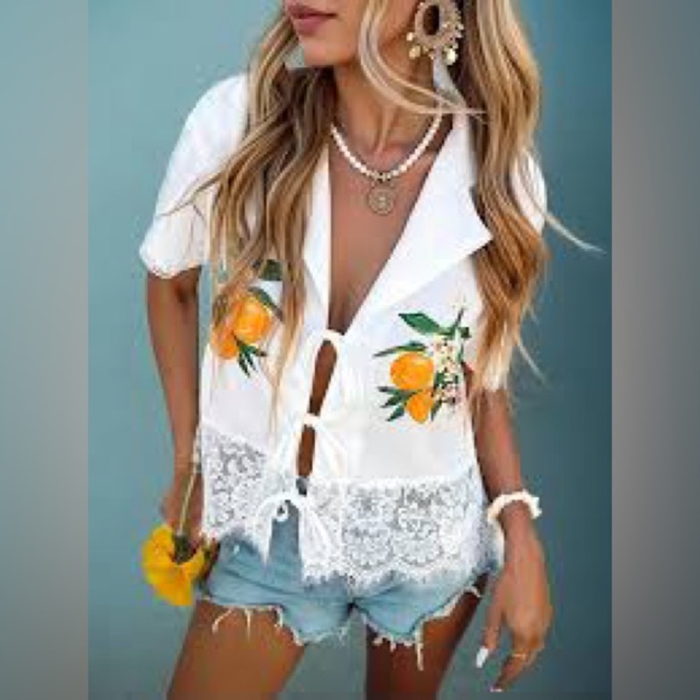 🍊SHEIN White Blouse with Orange Accents and Lace Detail